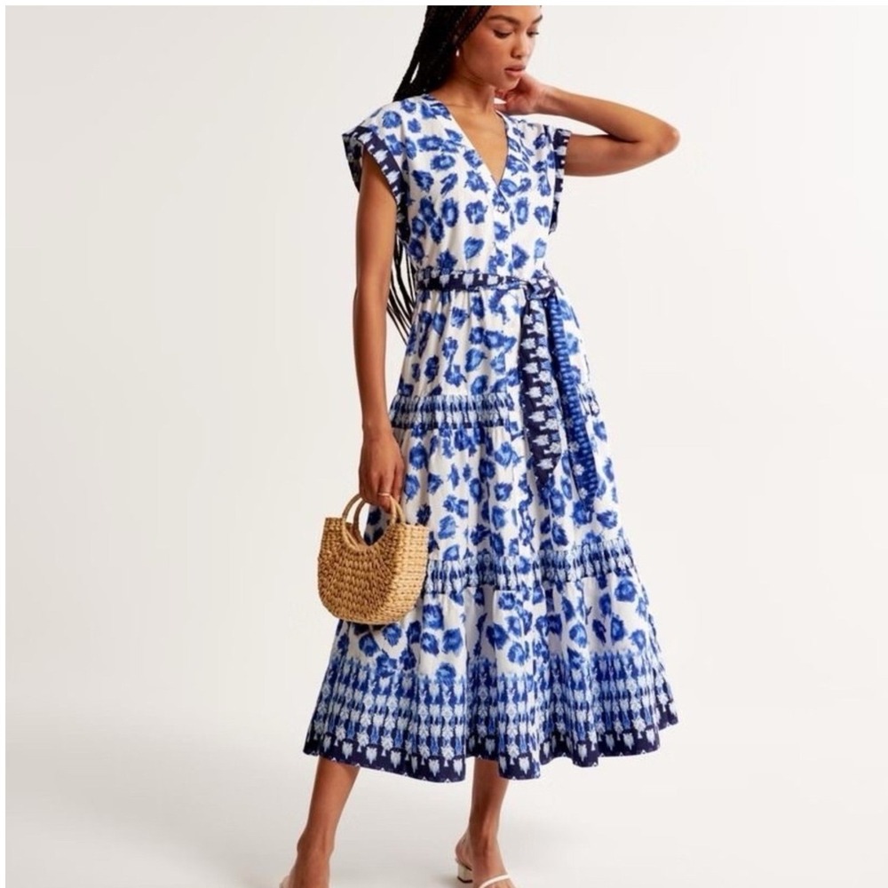 Abercrombie & Fitch Womens Tiered Poplin Maxi Dress S Blue Euro Summer Fall